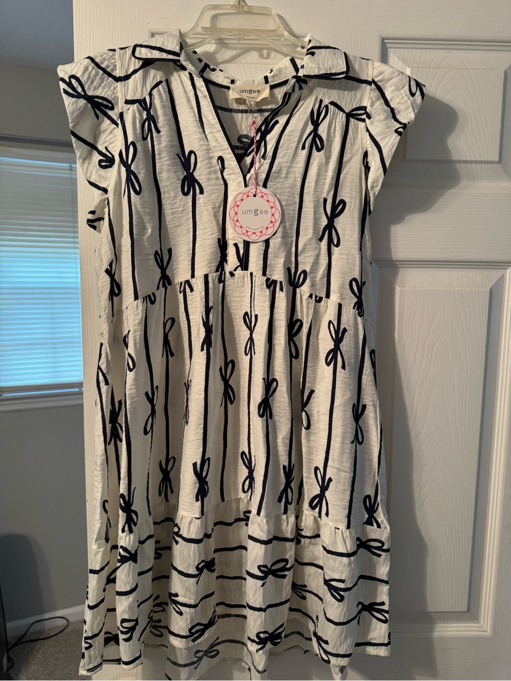 Umgee White Dress with Black Bow Stripe Print